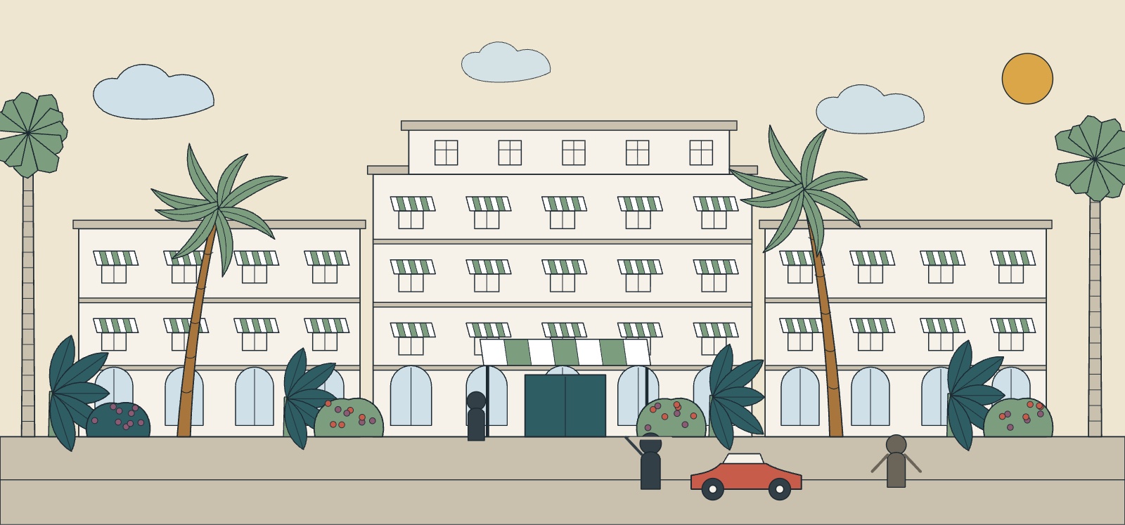 The Beverly Hills Hotel with its pink facade and green striped awnings